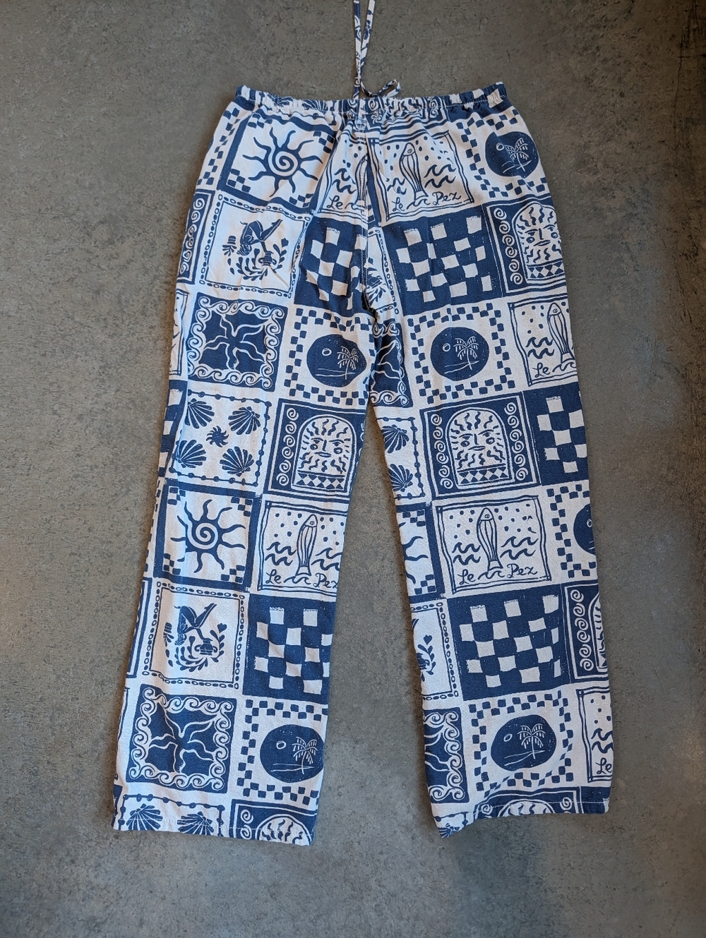 Blue & White Printed Linen Pull On Pants - Blue Bandana Geo Sardines Fish - Picture 3 of 11